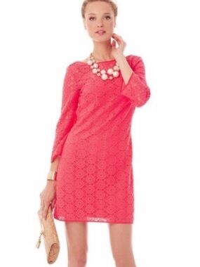 Lilly Pulitzer Topanga Coral Crochet Lace Mini Shift Dress XS Pink 3/4 Sleeve
